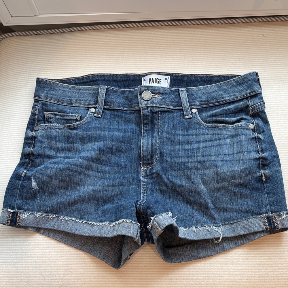 PAIGE Indigo Frayed Hem Denim Shorts